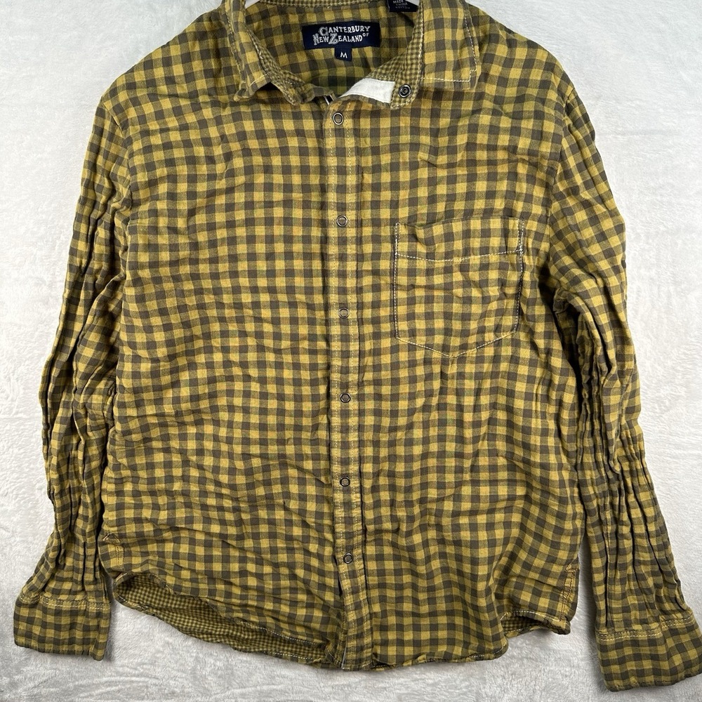 Canterbury of New Zealand Shirt Men's Large Yellow Snap Button Plaid Long Sleeve